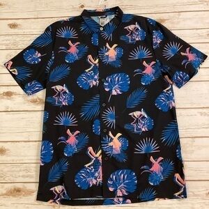 Dutch Bros Black Hawaiian Palm Leaves Button Down Collared Shirt Medium